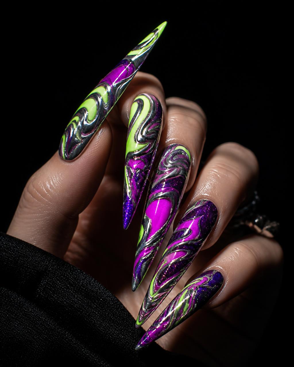 Acid Swirl: Long stiletto · hand-painted · chrome
