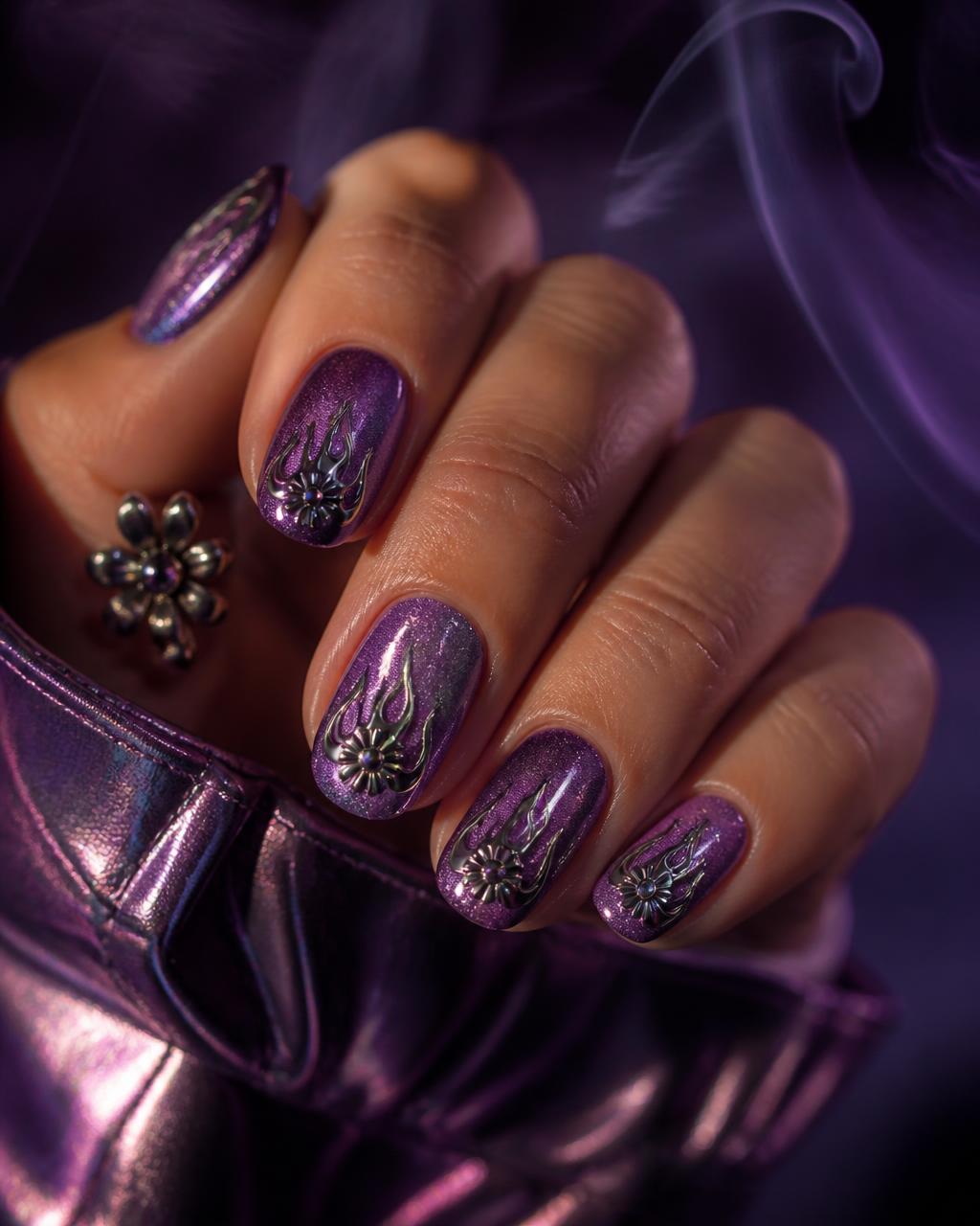 Violet Flame: Short almond · cat eye · chrome accents